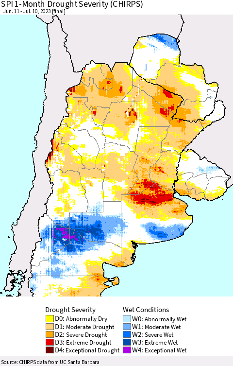 Southern South America SPI 1-Month Drought Severity (CHIRPS) Thematic Map For 6/11/2023 - 7/10/2023