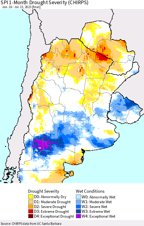 Southern South America SPI 1-Month Drought Severity (CHIRPS) Thematic Map For 6/16/2023 - 7/15/2023