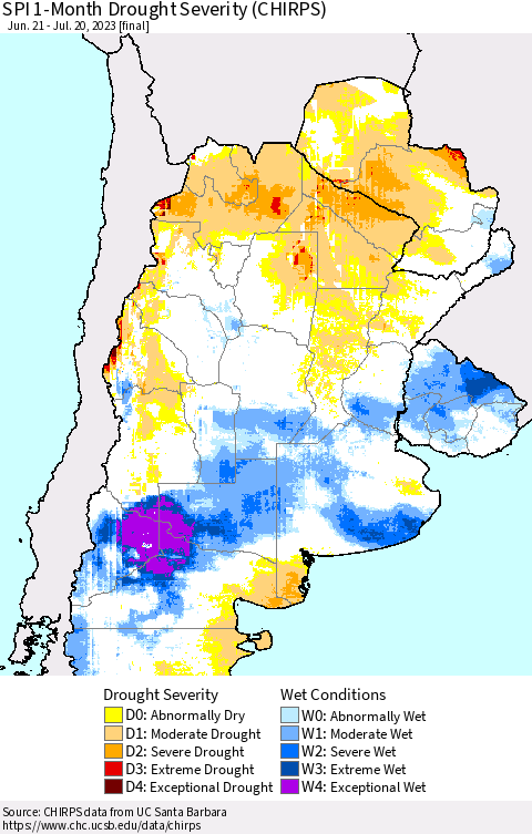 Southern South America SPI 1-Month Drought Severity (CHIRPS) Thematic Map For 6/21/2023 - 7/20/2023