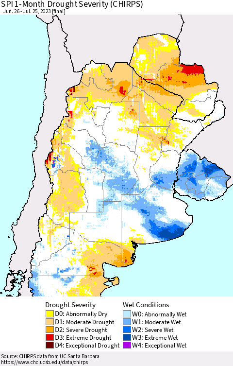 Southern South America SPI 1-Month Drought Severity (CHIRPS) Thematic Map For 6/26/2023 - 7/25/2023