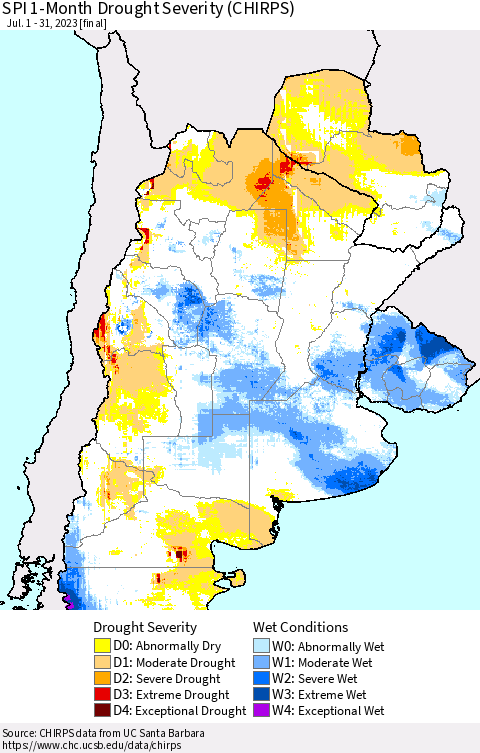 Southern South America SPI 1-Month Drought Severity (CHIRPS) Thematic Map For 7/1/2023 - 7/31/2023