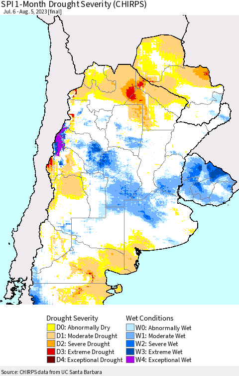 Southern South America SPI 1-Month Drought Severity (CHIRPS) Thematic Map For 7/6/2023 - 8/5/2023