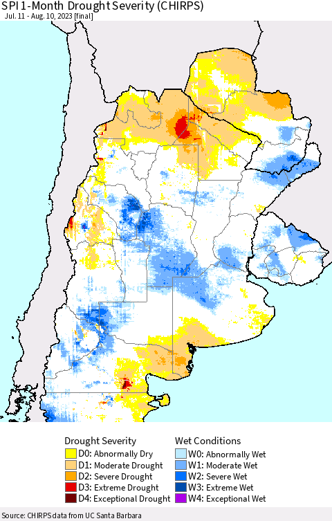 Southern South America SPI 1-Month Drought Severity (CHIRPS) Thematic Map For 7/11/2023 - 8/10/2023