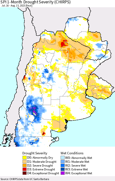 Southern South America SPI 1-Month Drought Severity (CHIRPS) Thematic Map For 7/16/2023 - 8/15/2023