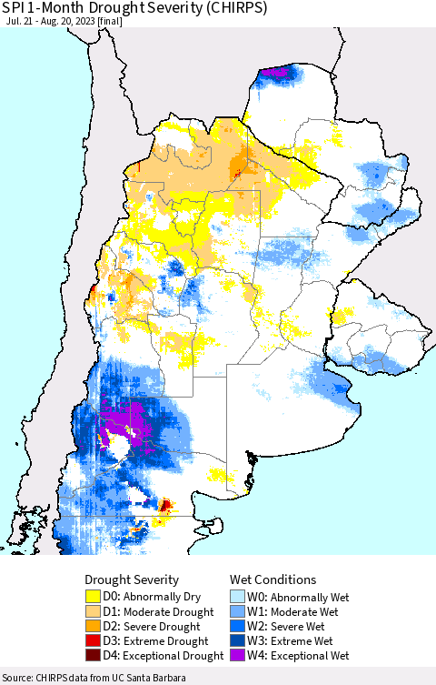 Southern South America SPI 1-Month Drought Severity (CHIRPS) Thematic Map For 7/21/2023 - 8/20/2023