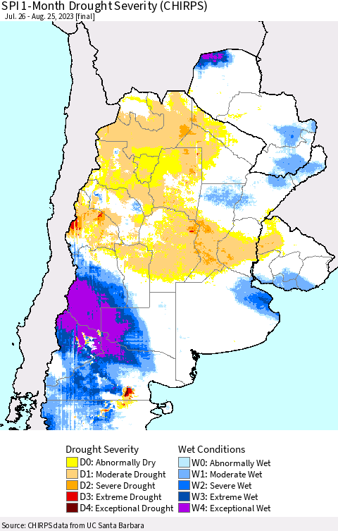 Southern South America SPI 1-Month Drought Severity (CHIRPS) Thematic Map For 7/26/2023 - 8/25/2023