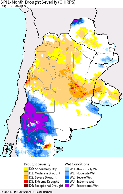 Southern South America SPI 1-Month Drought Severity (CHIRPS) Thematic Map For 8/1/2023 - 8/31/2023