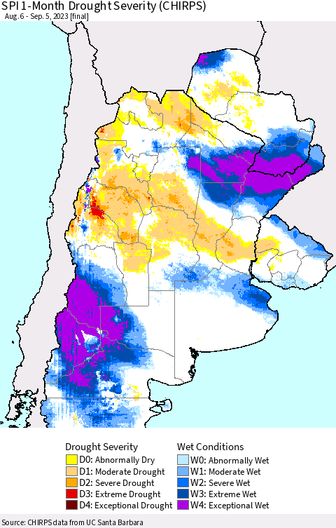 Southern South America SPI 1-Month Drought Severity (CHIRPS) Thematic Map For 8/6/2023 - 9/5/2023