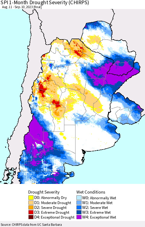 Southern South America SPI 1-Month Drought Severity (CHIRPS) Thematic Map For 8/11/2023 - 9/10/2023