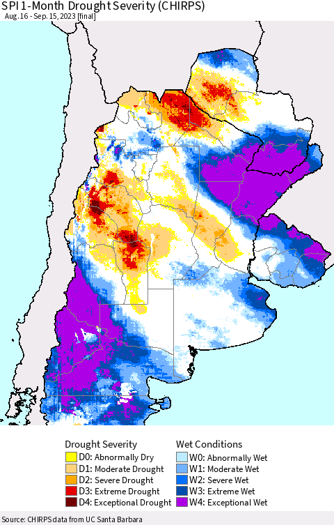 Southern South America SPI 1-Month Drought Severity (CHIRPS) Thematic Map For 8/16/2023 - 9/15/2023