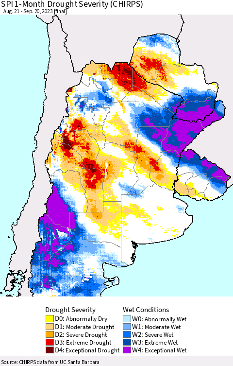 Southern South America SPI 1-Month Drought Severity (CHIRPS) Thematic Map For 8/21/2023 - 9/20/2023