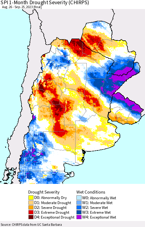 Southern South America SPI 1-Month Drought Severity (CHIRPS) Thematic Map For 8/26/2023 - 9/25/2023