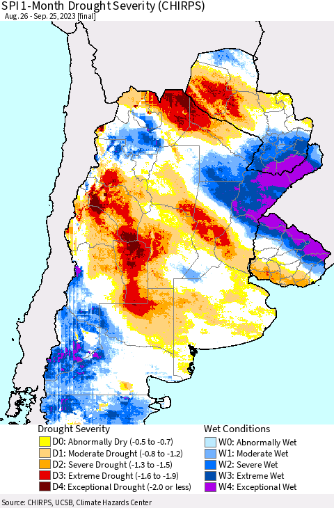 Southern South America SPI 1-Month Drought Severity (CHIRPS) Thematic Map For 8/26/2023 - 9/25/2023