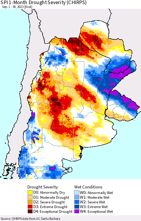 Southern South America SPI 1-Month Drought Severity (CHIRPS) Thematic Map For 9/1/2023 - 9/30/2023