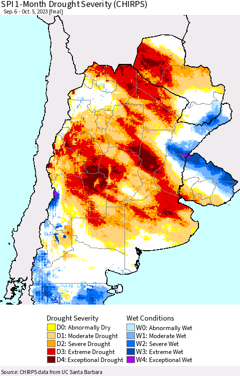 Southern South America SPI 1-Month Drought Severity (CHIRPS) Thematic Map For 9/6/2023 - 10/5/2023