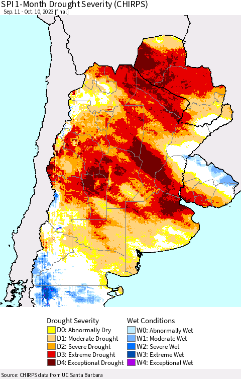Southern South America SPI 1-Month Drought Severity (CHIRPS) Thematic Map For 9/11/2023 - 10/10/2023