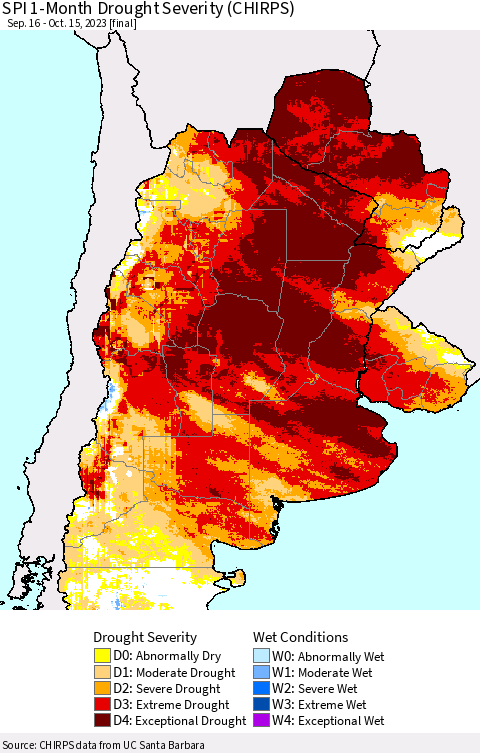 Southern South America SPI 1-Month Drought Severity (CHIRPS) Thematic Map For 9/16/2023 - 10/15/2023