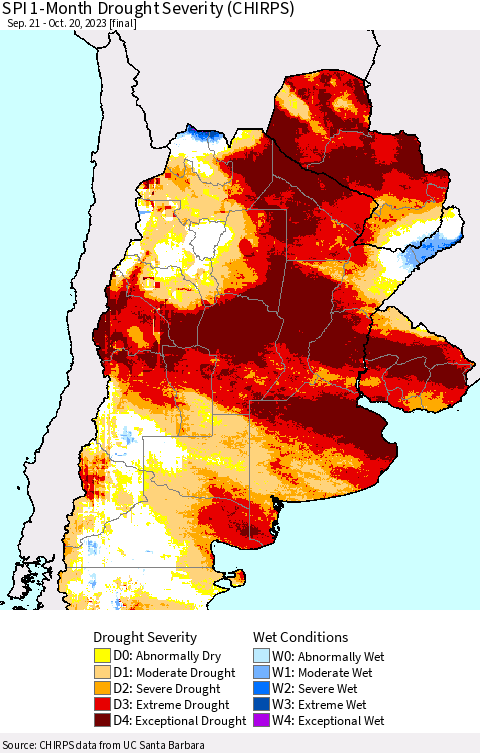 Southern South America SPI 1-Month Drought Severity (CHIRPS) Thematic Map For 9/21/2023 - 10/20/2023