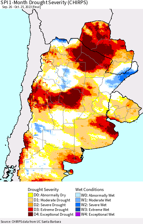 Southern South America SPI 1-Month Drought Severity (CHIRPS) Thematic Map For 9/26/2023 - 10/25/2023