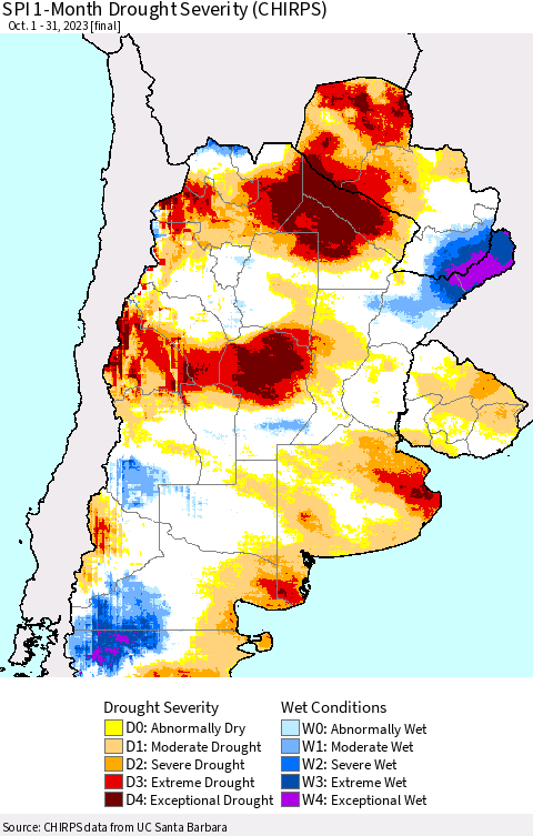 Southern South America SPI 1-Month Drought Severity (CHIRPS) Thematic Map For 10/1/2023 - 10/31/2023