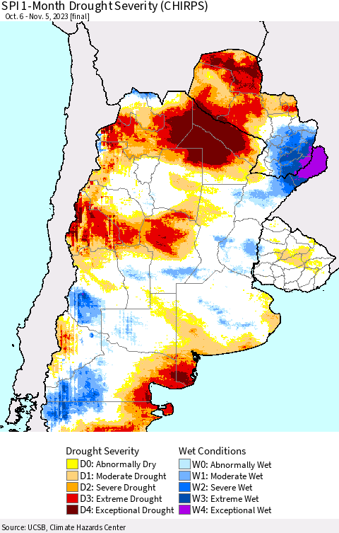 Southern South America SPI 1-Month Drought Severity (CHIRPS) Thematic Map For 10/6/2023 - 11/5/2023