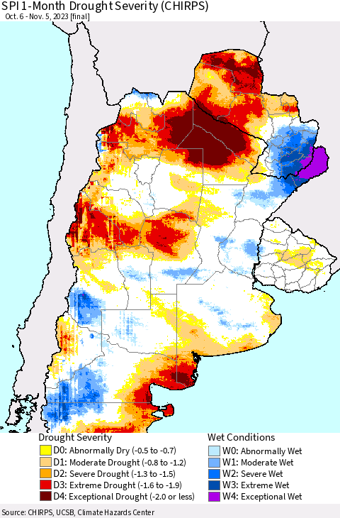 Southern South America SPI 1-Month Drought Severity (CHIRPS) Thematic Map For 10/6/2023 - 11/5/2023