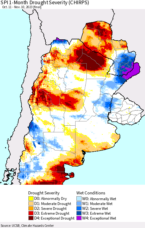 Southern South America SPI 1-Month Drought Severity (CHIRPS) Thematic Map For 10/11/2023 - 11/10/2023