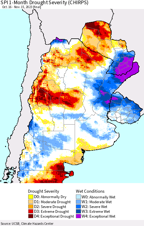 Southern South America SPI 1-Month Drought Severity (CHIRPS) Thematic Map For 10/16/2023 - 11/15/2023