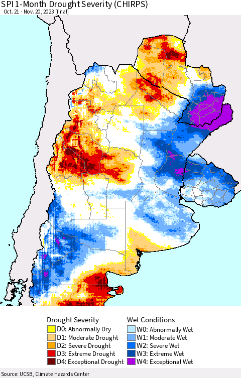 Southern South America SPI 1-Month Drought Severity (CHIRPS) Thematic Map For 10/21/2023 - 11/20/2023