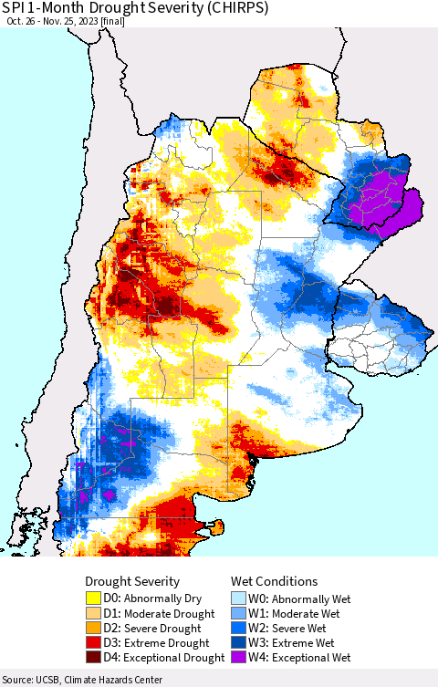 Southern South America SPI 1-Month Drought Severity (CHIRPS) Thematic Map For 10/26/2023 - 11/25/2023