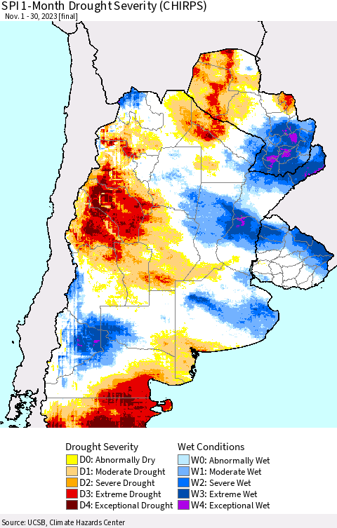 Southern South America SPI 1-Month Drought Severity (CHIRPS) Thematic Map For 11/1/2023 - 11/30/2023