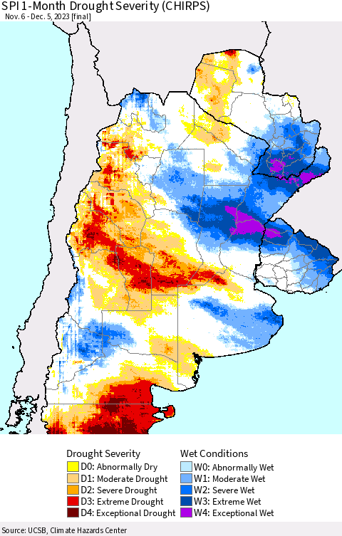 Southern South America SPI 1-Month Drought Severity (CHIRPS) Thematic Map For 11/6/2023 - 12/5/2023