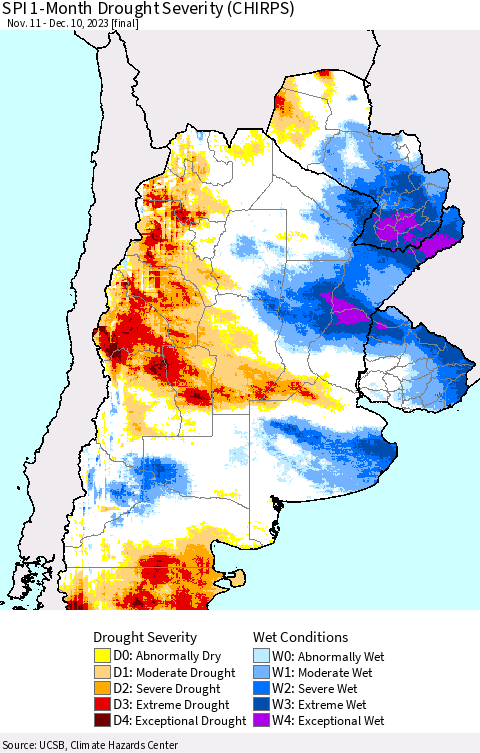 Southern South America SPI 1-Month Drought Severity (CHIRPS) Thematic Map For 11/11/2023 - 12/10/2023