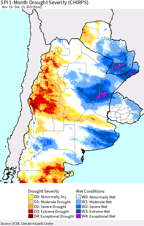 Southern South America SPI 1-Month Drought Severity (CHIRPS) Thematic Map For 11/16/2023 - 12/15/2023