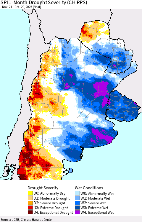 Southern South America SPI 1-Month Drought Severity (CHIRPS) Thematic Map For 11/21/2023 - 12/20/2023