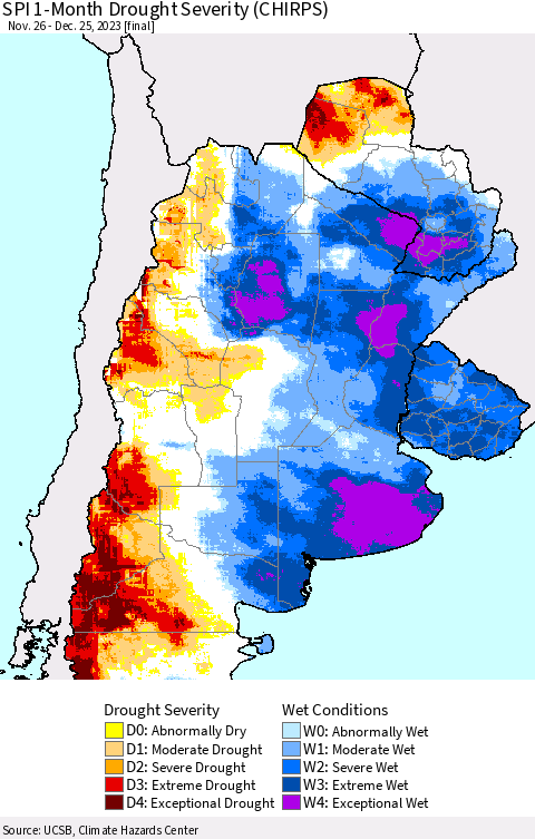 Southern South America SPI 1-Month Drought Severity (CHIRPS) Thematic Map For 11/26/2023 - 12/25/2023