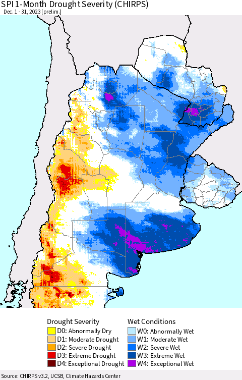Southern South America SPI 1-Month Drought Severity (CHIRPS) Thematic Map For 12/1/2023 - 12/31/2023