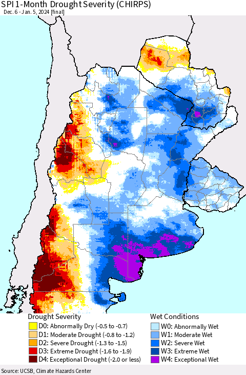 Southern South America SPI 1-Month Drought Severity (CHIRPS) Thematic Map For 12/6/2023 - 1/5/2024