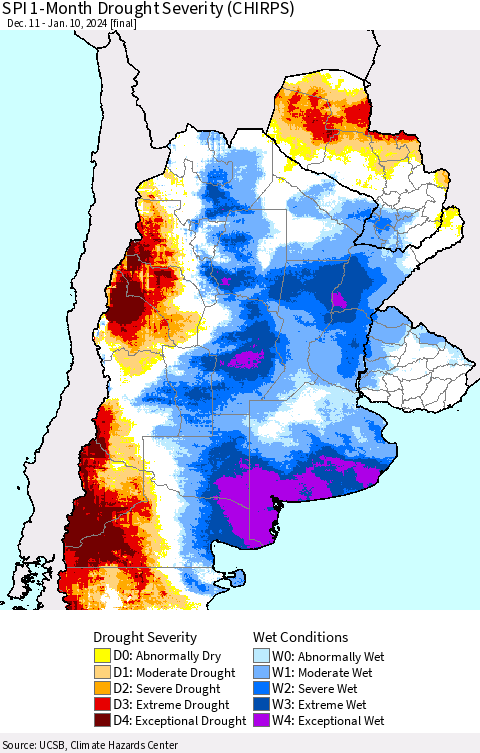 Southern South America SPI 1-Month Drought Severity (CHIRPS) Thematic Map For 12/11/2023 - 1/10/2024