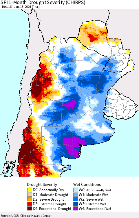 Southern South America SPI 1-Month Drought Severity (CHIRPS) Thematic Map For 12/16/2023 - 1/15/2024