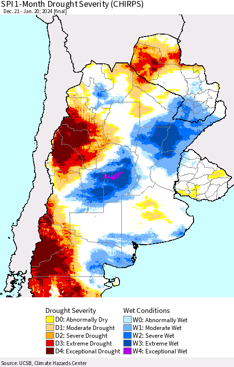 Southern South America SPI 1-Month Drought Severity (CHIRPS) Thematic Map For 12/21/2023 - 1/20/2024