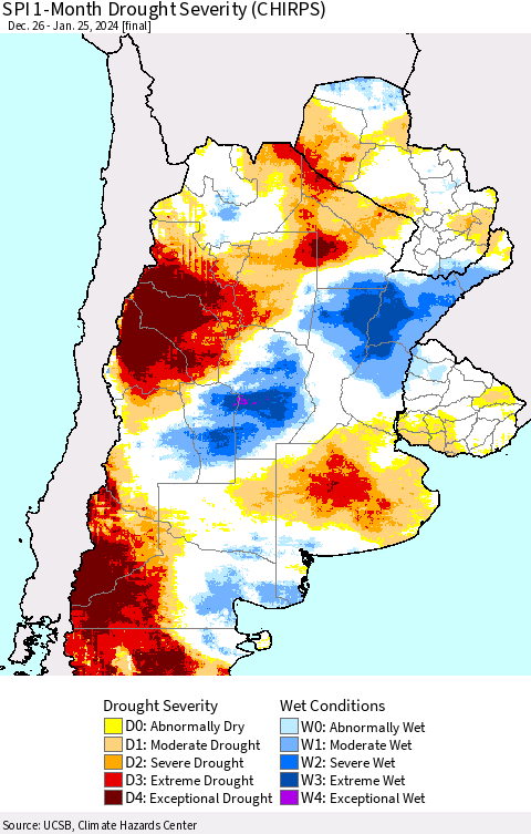 Southern South America SPI 1-Month Drought Severity (CHIRPS) Thematic Map For 12/26/2023 - 1/25/2024