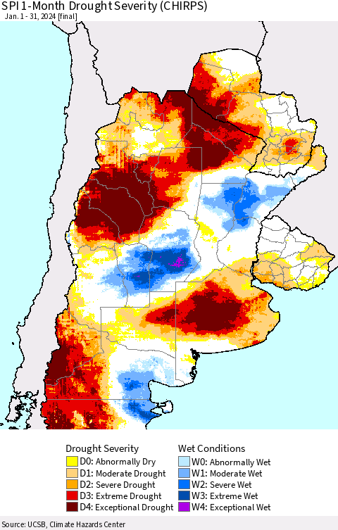 Southern South America SPI 1-Month Drought Severity (CHIRPS) Thematic Map For 1/1/2024 - 1/31/2024