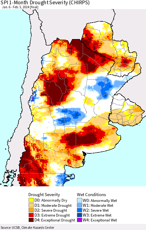 Southern South America SPI 1-Month Drought Severity (CHIRPS) Thematic Map For 1/6/2024 - 2/5/2024