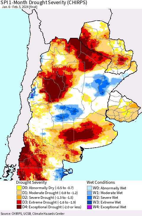 Southern South America SPI 1-Month Drought Severity (CHIRPS) Thematic Map For 1/6/2024 - 2/5/2024