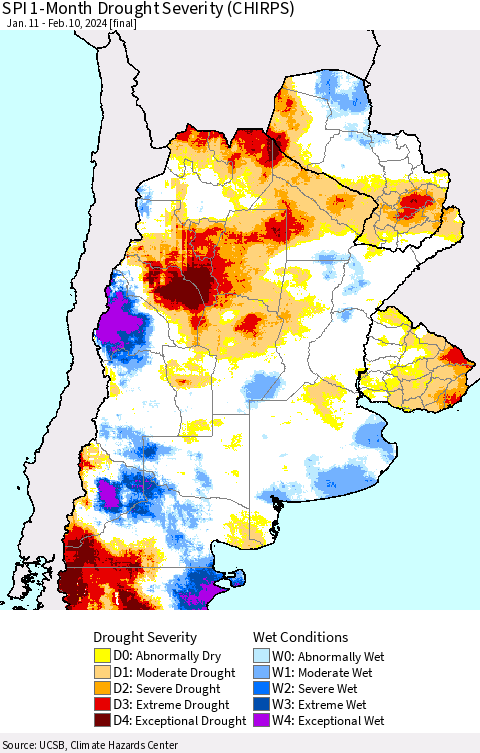 Southern South America SPI 1-Month Drought Severity (CHIRPS) Thematic Map For 1/11/2024 - 2/10/2024