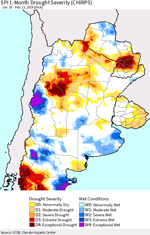 Southern South America SPI 1-Month Drought Severity (CHIRPS) Thematic Map For 1/16/2024 - 2/15/2024