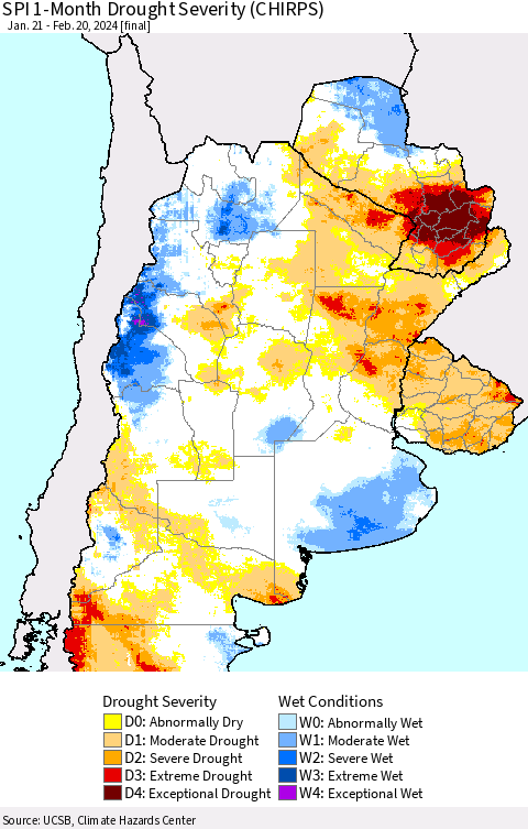 Southern South America SPI 1-Month Drought Severity (CHIRPS) Thematic Map For 1/21/2024 - 2/20/2024
