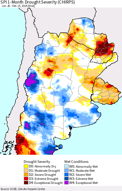 Southern South America SPI 1-Month Drought Severity (CHIRPS) Thematic Map For 1/26/2024 - 2/25/2024