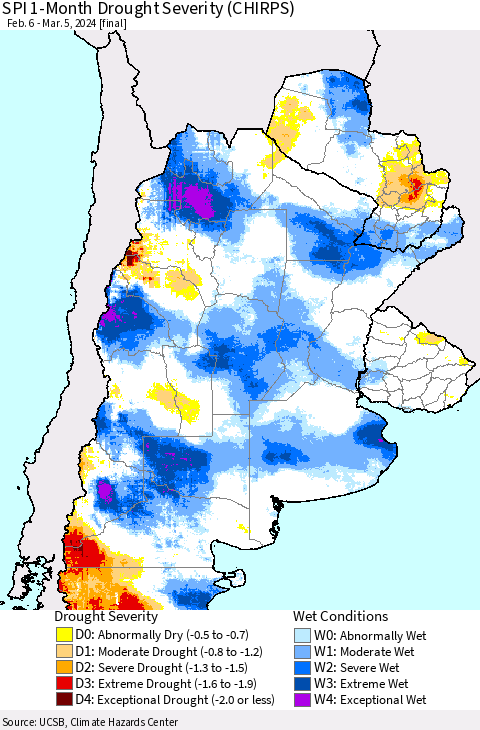 Southern South America SPI 1-Month Drought Severity (CHIRPS) Thematic Map For 2/6/2024 - 3/5/2024